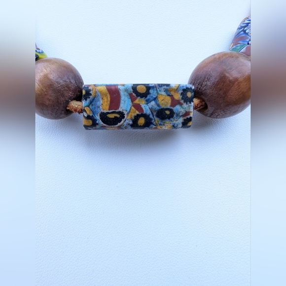 Vintage Venetian Millefiori & Wood Beads Leather Strap Choker Necklace - Picture 4 of 5